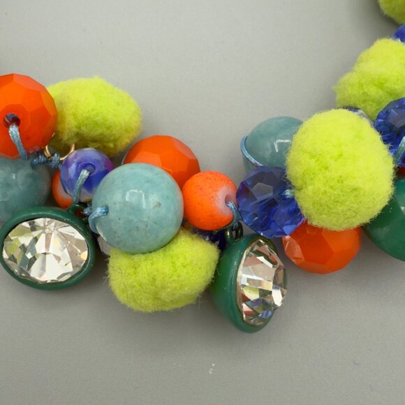 Bright Colorful Beaded Pom Pom Cha Cha Necklace Orange Green Blue Rhinestones - Picture 11 of 13